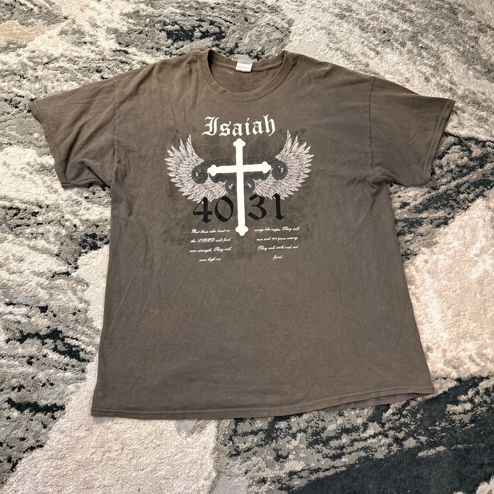 Y2K Jesus T Shirt‎ Mens Sz XL Brown Christian Bible Verse Isaiah 40:31 Vintage